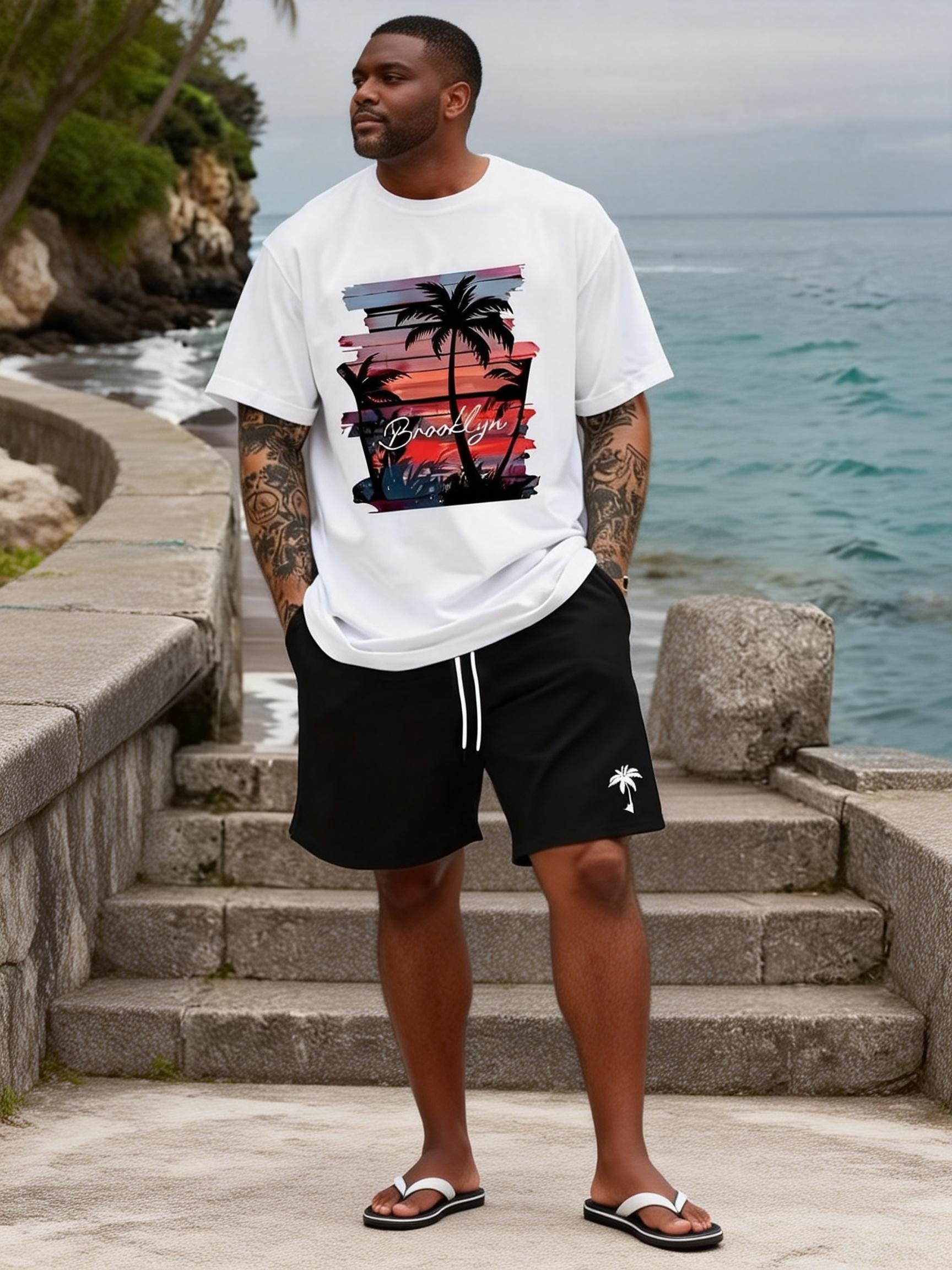 Big & Tall Men's Brooklyn Sunset Coconut Print Round Neck Short Sleeve T-Shirt Shorts Set