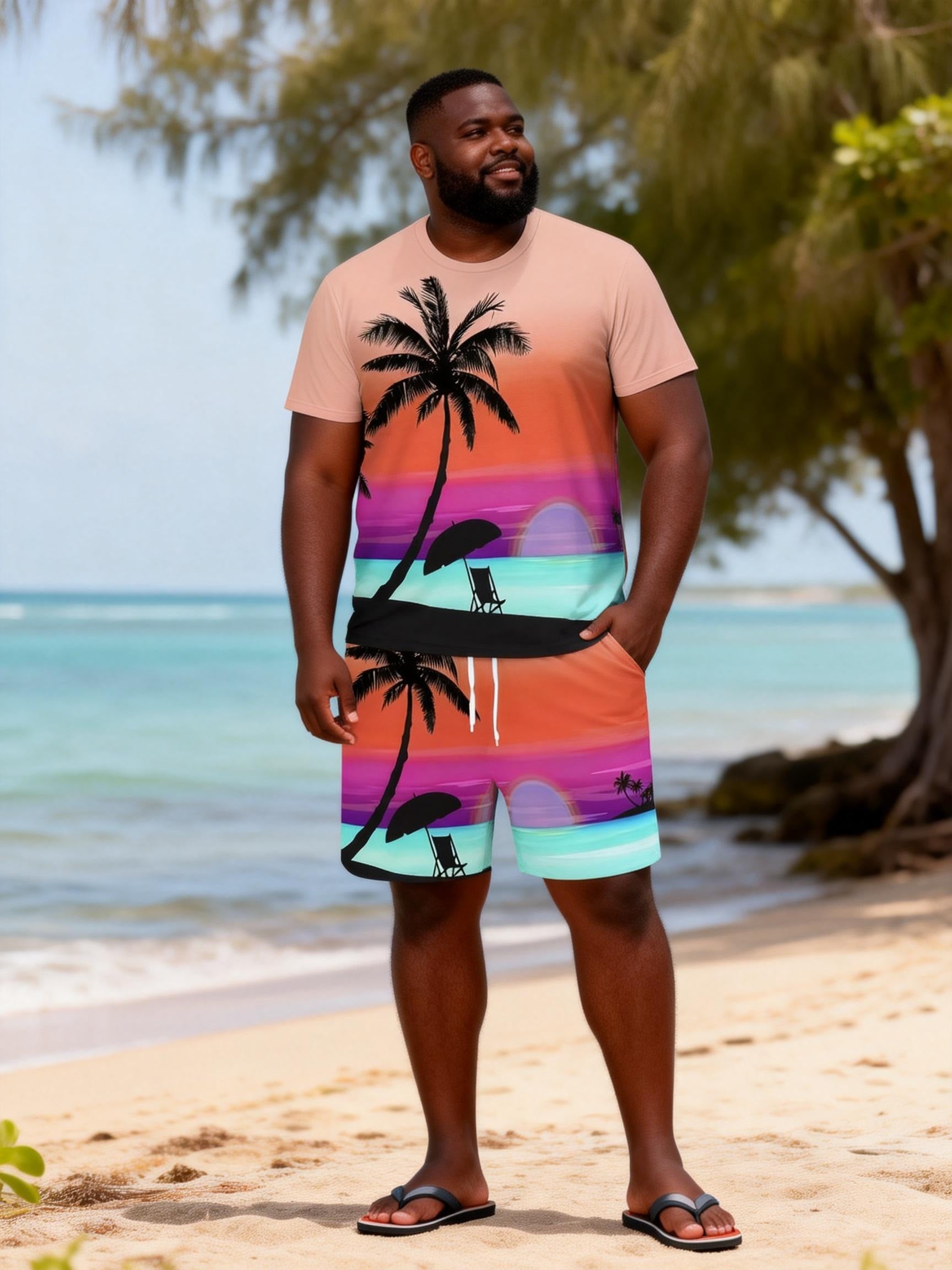 Big & Tall Men's Rainbow Sunset Coconut Print Round Neck Short Sleeve T-Shirt Shorts Set