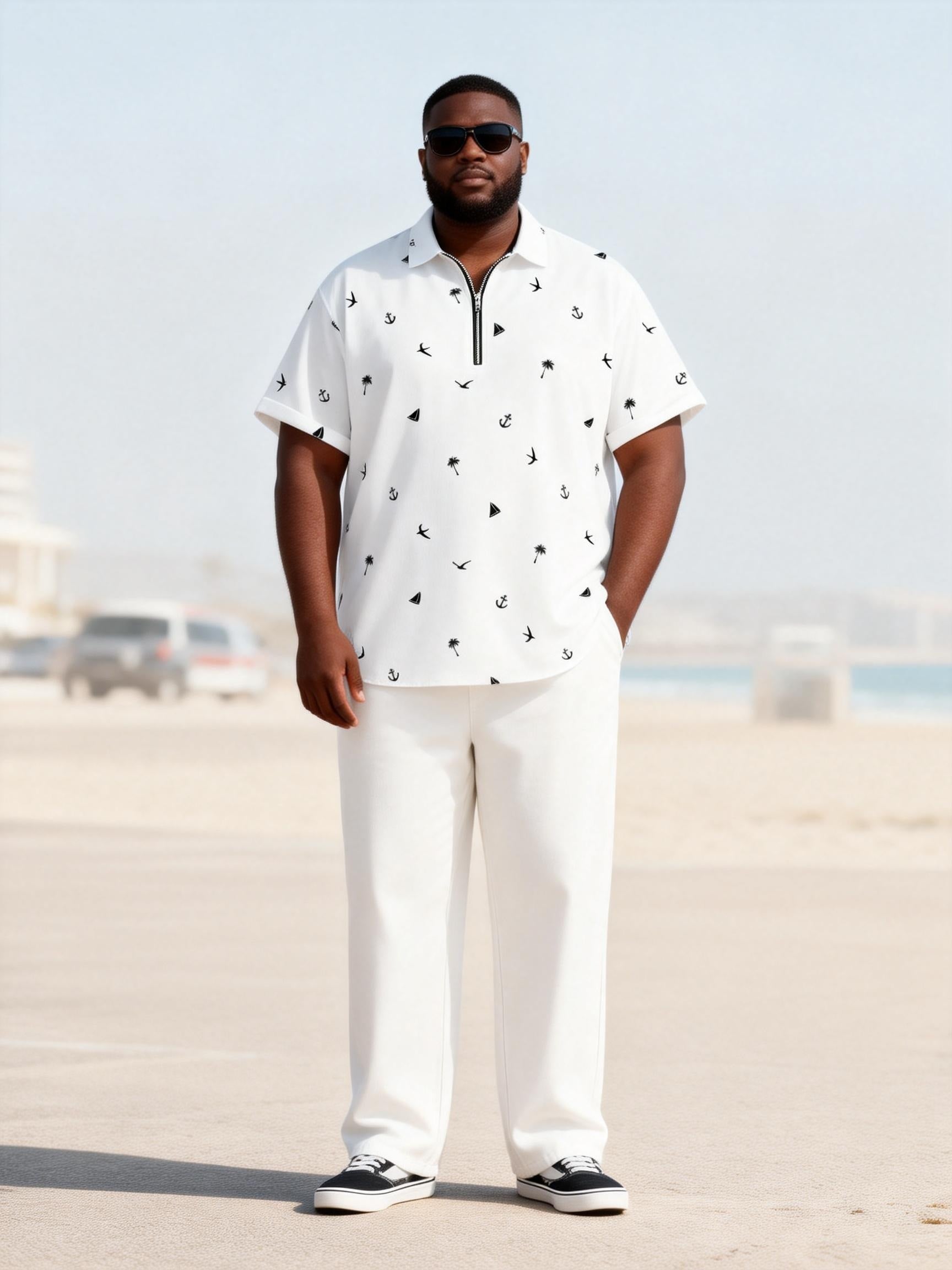 Big & Tall Men's Nautical Elements Print Zipper Polo Short Sleeve Pants Set