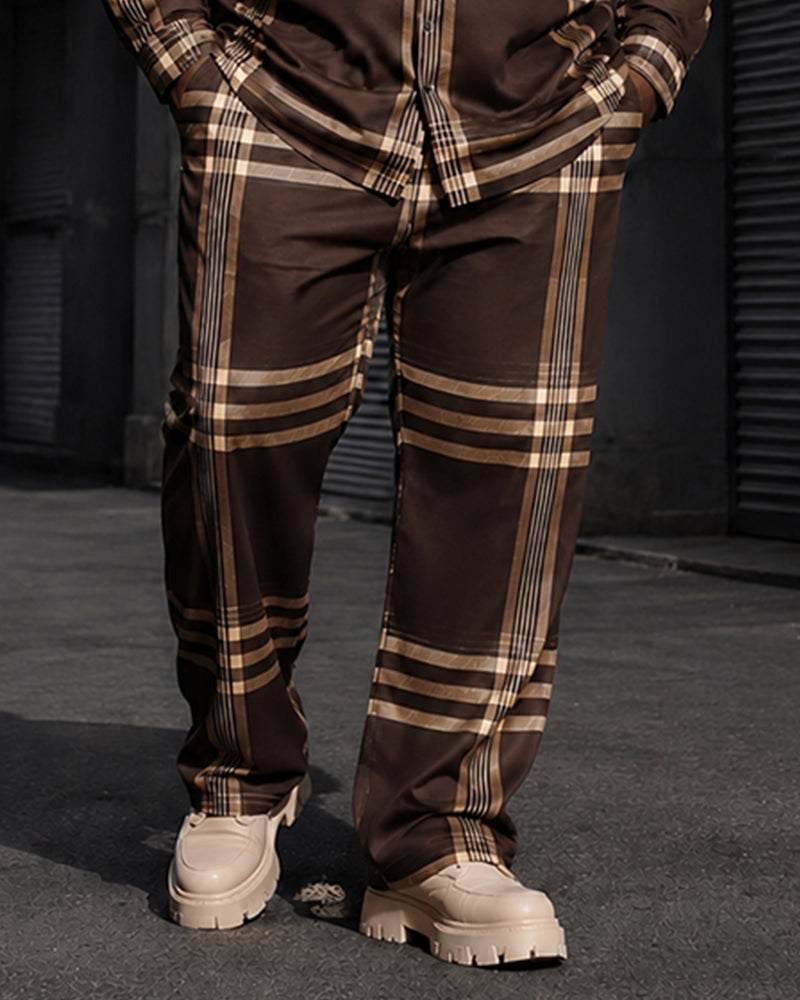 Big & Tall Men's Retro Brown Coffee Plaid Printed Long Sleeve Shirt Pants Set