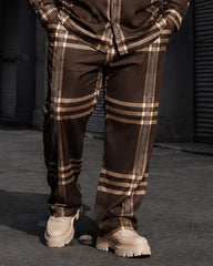 Big & Tall Men's Retro Brown Coffee Plaid Printed Long Sleeve Shirt Pants Set