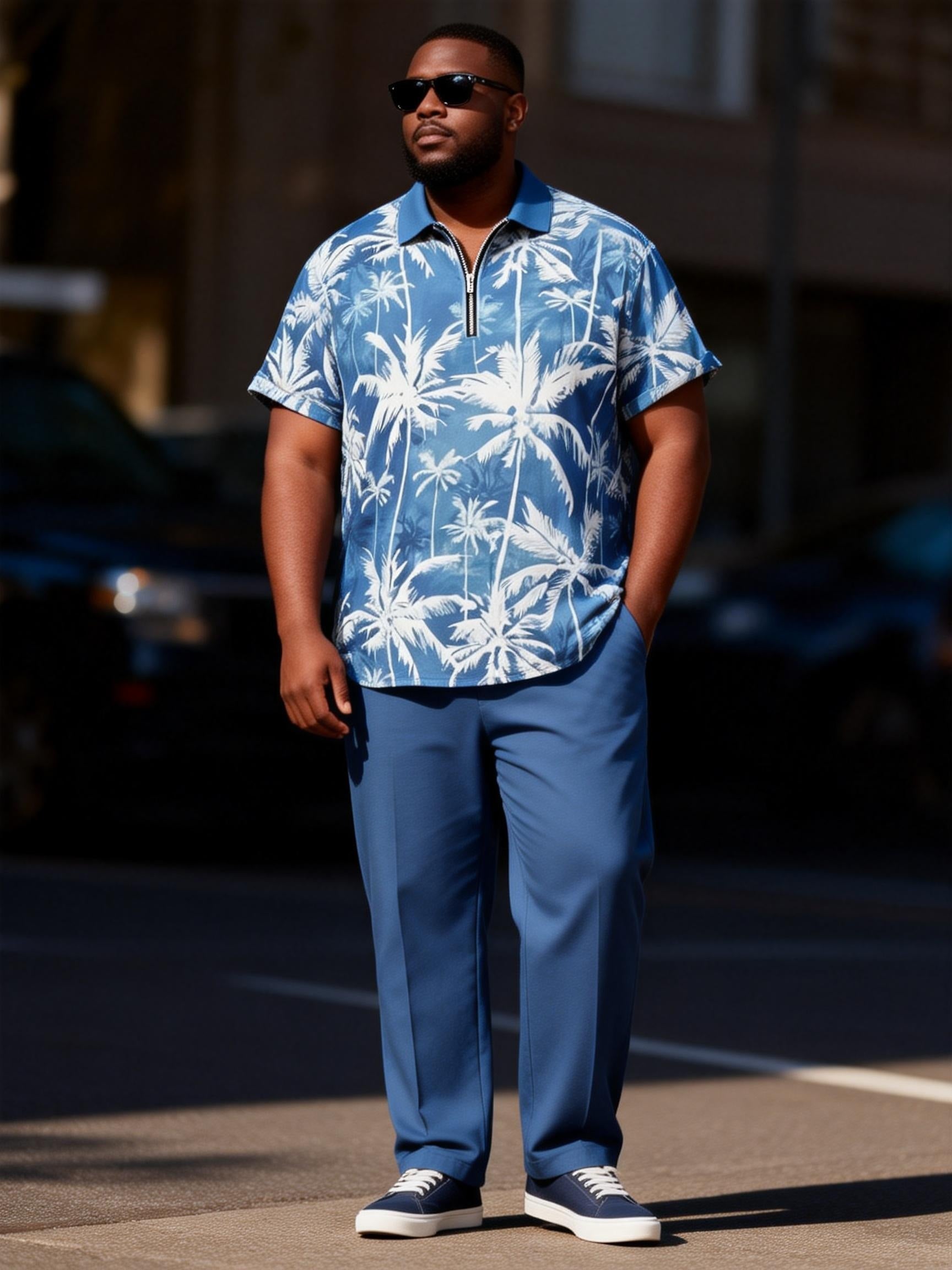 Big & Tall Men's Blue And White Coconut Tie-Dye Printed Zipper Polo Short Sleeve Pants Set