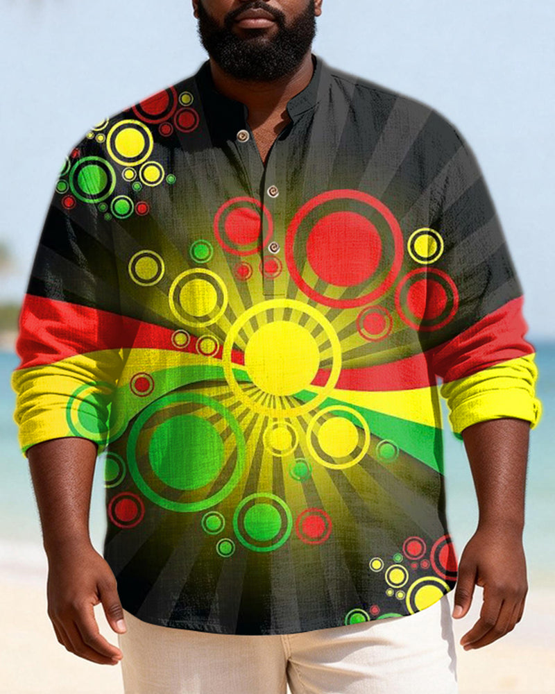 Big & Tall Men's Reggae Colorful Circle Printed Henry Collar Long Sleeve Shirt