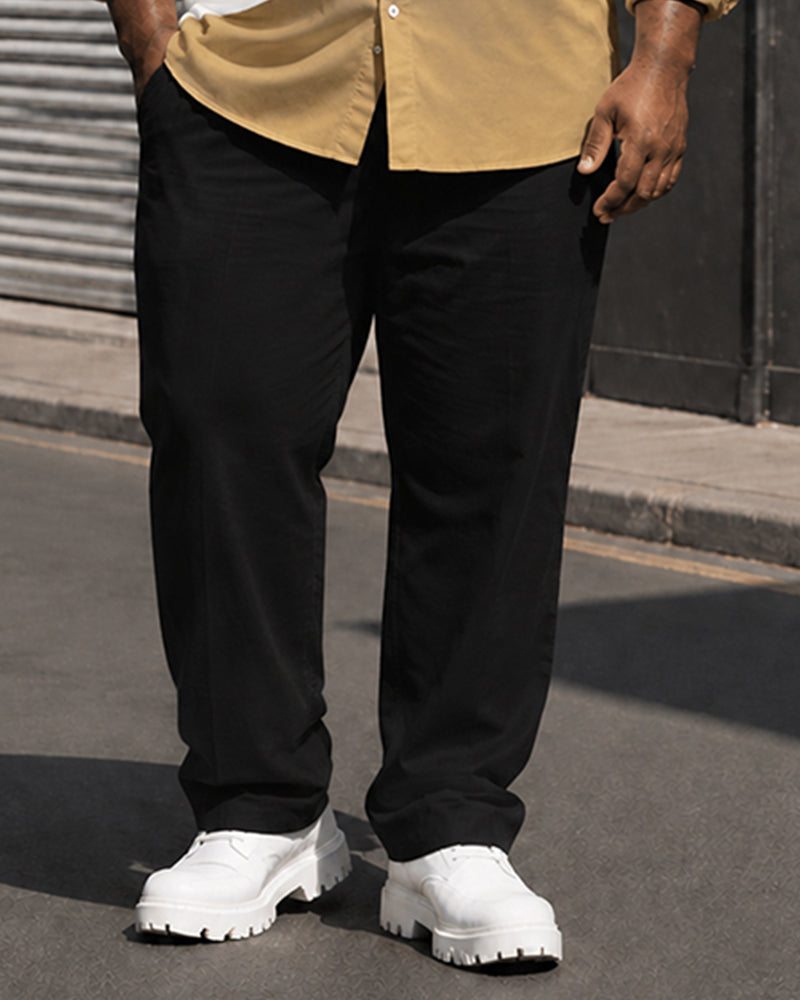 Big & Tall Men's Khakis White And Black Stitching Pocket Long Sleeve Shirt Trousers Set