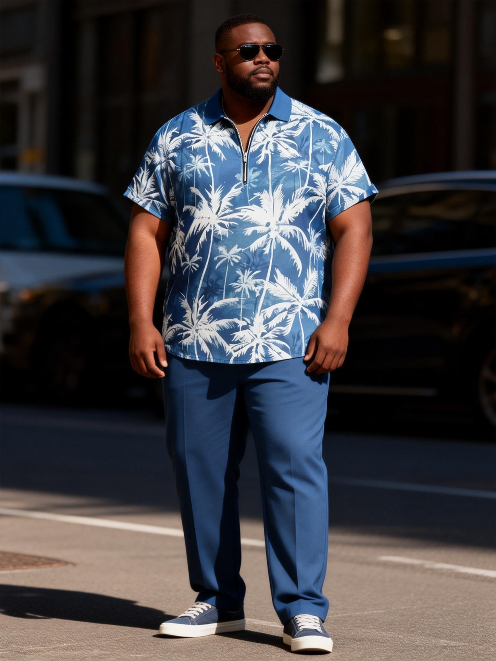 Big & Tall Men's Blue And White Coconut Tie-Dye Printed Zipper Polo Short Sleeve Pants Set