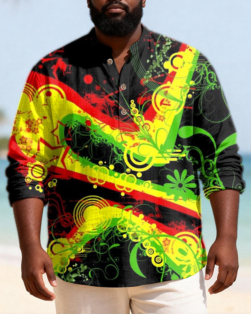Big & Tall Men's Reggae Splash Ink Graffiti Printed Henry Collar Long Sleeve Shirt
