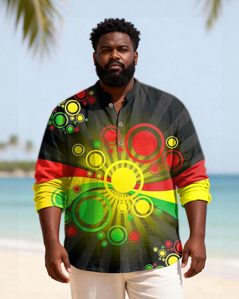 Big & Tall Men's Reggae Colorful Circle Printed Henry Collar Long Sleeve Shirt