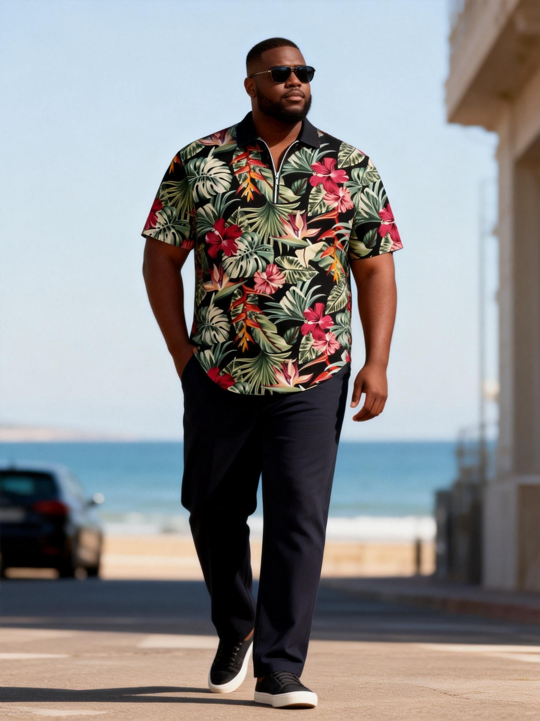 Big & Tall Men's Tropical Floral Print Zipper Polo Short Sleeve Pants Set