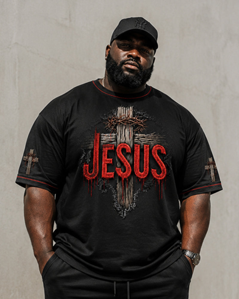 Big & Tall Men’s Thorned Cross JESUS Letter Print Crew-Neck Short-Sleeve T-Shirt And Shorts Set