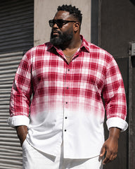Big & Tall Men's Red And White Plaid Gradient Printed Long Sleeve Shirt Pants Set