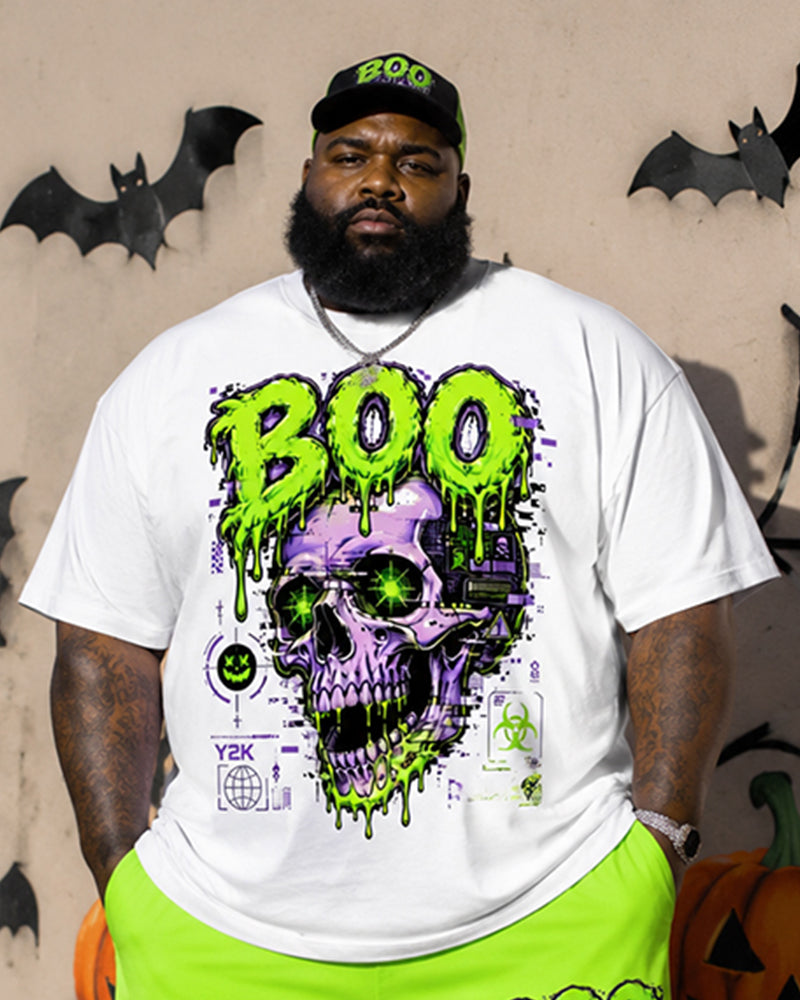 Big & Tall Men's BOO Skull Graffiti Print Round Neck Short Sleeve T-Shirt Shorts Set