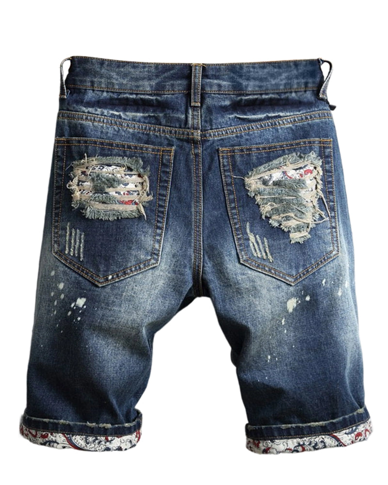 28-48 Size Splash Ink Dot Distressed Hole Ethnic Print Turn-up Denim Cropped Shorts
