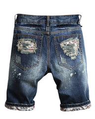28-48 Size Splash Ink Dot Distressed Hole Ethnic Print Turn-up Denim Cropped Shorts