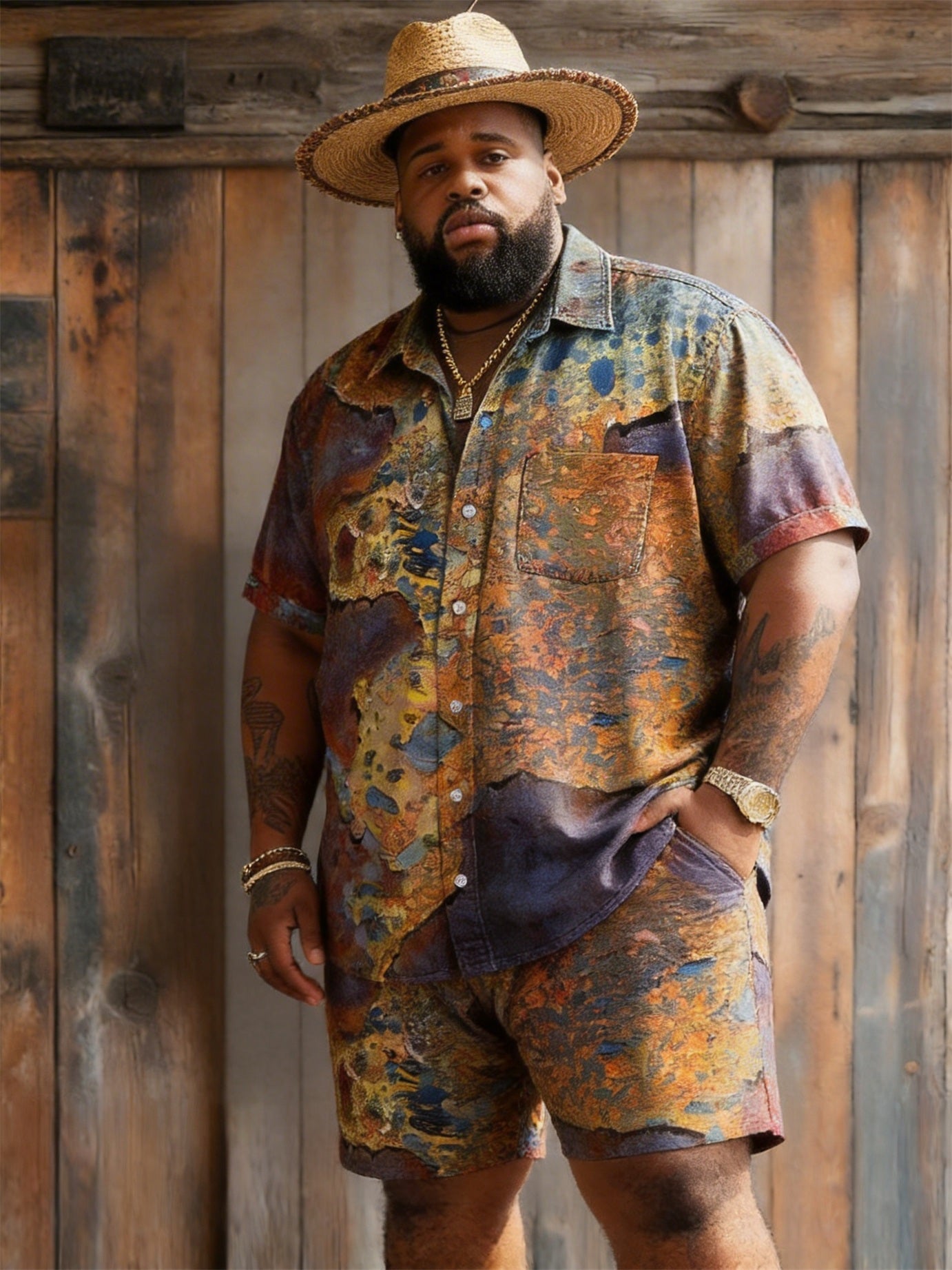 Big & Tall Men's Retro Distressed Tie-dye Color Block Printed Short Sleeve Shirt Shorts Set