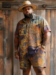 Big & Tall Men's Retro Distressed Tie-dye Color Block Printed Short Sleeve Shirt Shorts Set