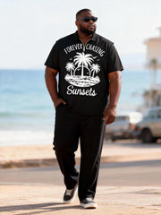 Big & Tall Men's Sun-chasing Coconut Tree Printed Zipper Polo Short-sleeved Pants Set