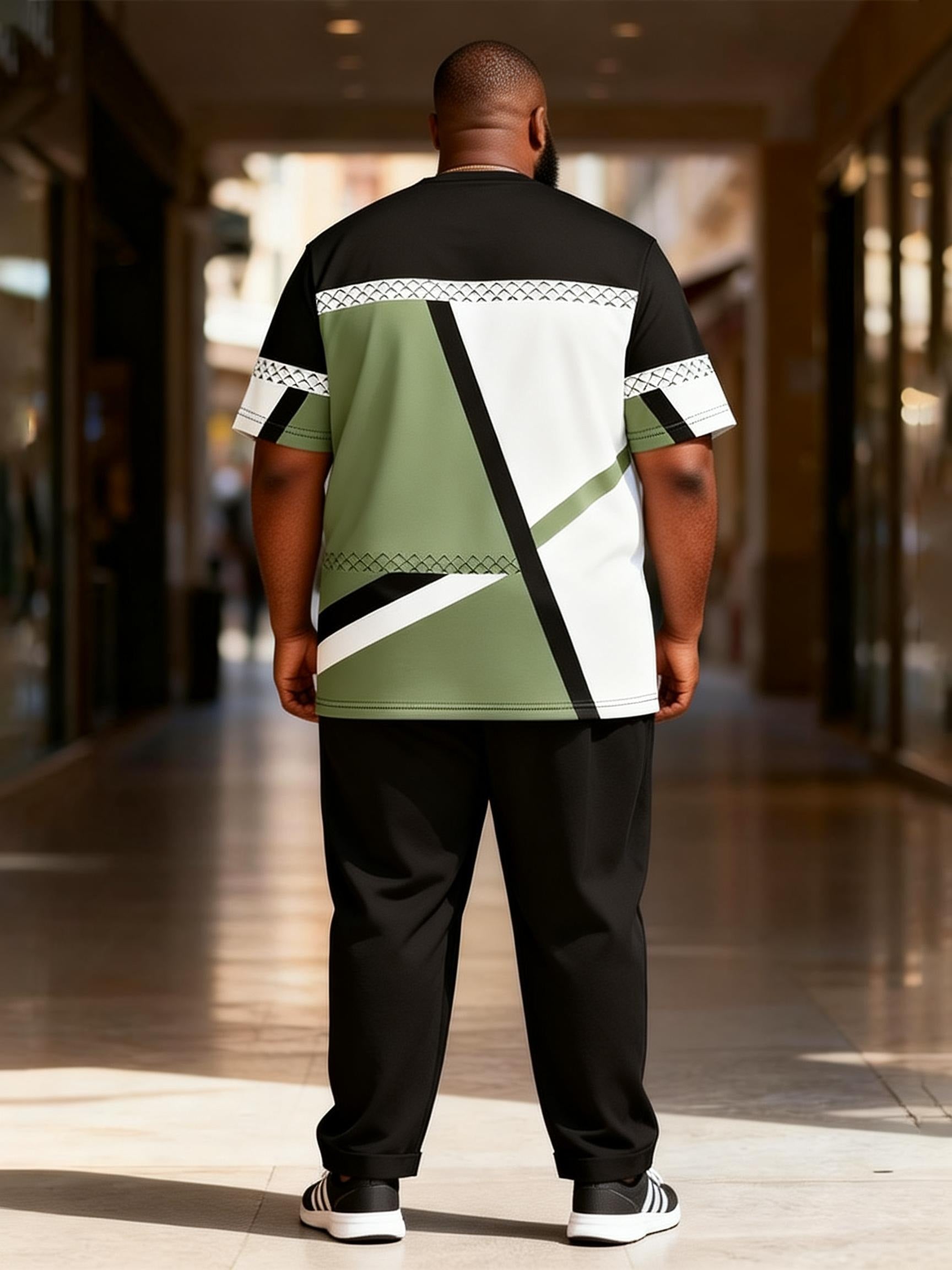 Big & Tall Men's Green Black And White Geometric Contrast Printed T-Shirt Pants Set