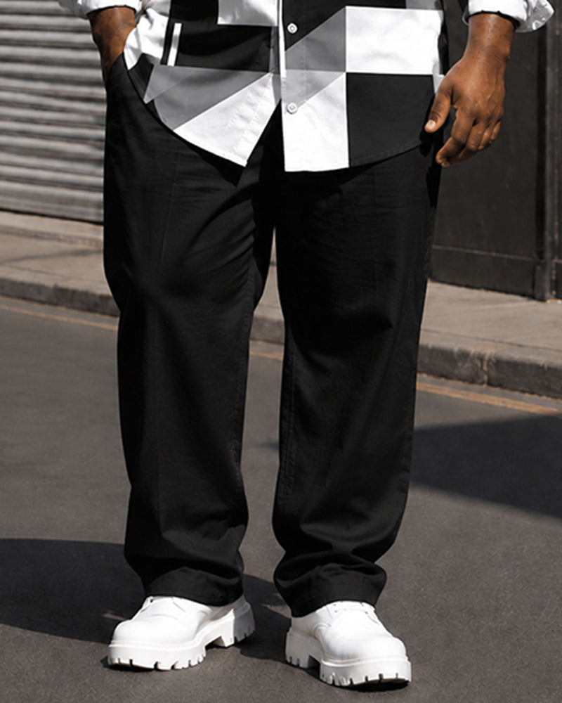 Big & Tall Men's Black And White Gray Geometric Block Printed Long Sleeve Shirt Trousers Set