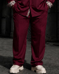 Big & Tall Men's Wine Red Contrast Printed Long Sleeve Shirt Pants Set