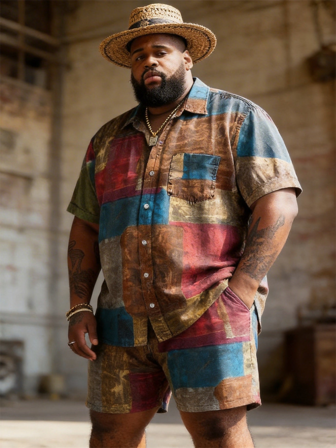 Big & Tall Men's Colorblock Patch Printed Short Sleeve Shirt Shorts Set