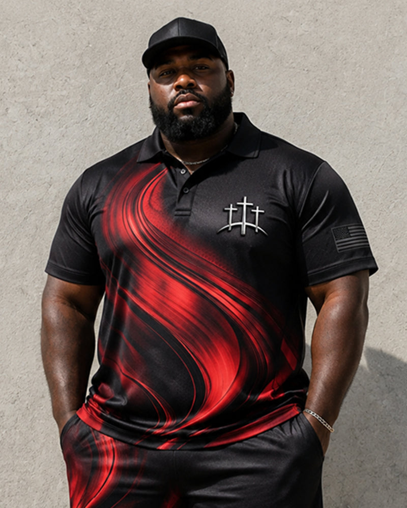 Big & Tall Men's Black And Red Gradient Fluid Pattern Cross Printed POLO Short Sleeve Shorts Set