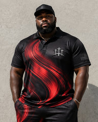 Big & Tall Men's Black And Red Gradient Fluid Pattern Cross Printed POLO Short Sleeve Shorts Set