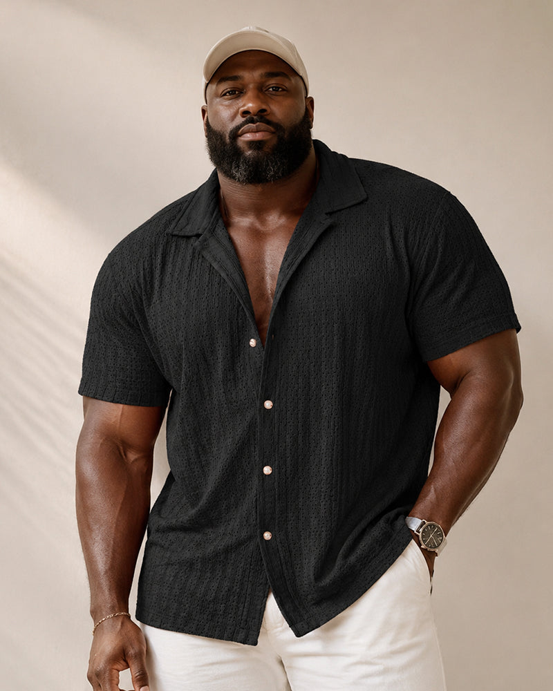 S-2XL Men's Casual Striped Cut-out Lapel Short Sleeve Shirt