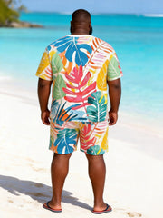 Big & Tall Men's Watercolor Tropical Plant Print Round Neck Short Sleeve T-Shirt Shorts Set