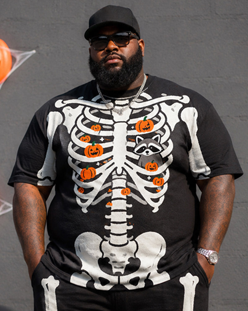 Big & Tall Men's Skeleton Chest Pumpkin Raccoon Print Round Neck Short Sleeve T-Shirt Shorts Set