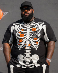 Big & Tall Men's Skeleton Chest Pumpkin Raccoon Print Round Neck Short Sleeve T-Shirt Shorts Set