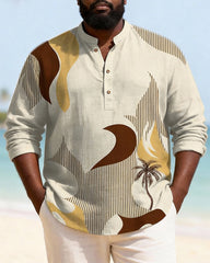 Big & Tall Men's Palm Tree Stripe Contrast Printed Henry Collar Long Sleeve Shirt
