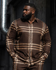Big & Tall Men's Retro Brown Coffee Plaid Printed Long Sleeve Shirt Pants Set