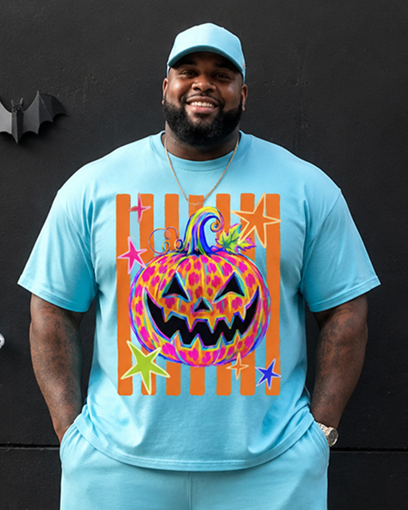 Big & Tall Men's Vertical Strip Colorful Stars Pumpkin Halloween Printed Crewneck Short Sleeve T-Shirt Shorts Set