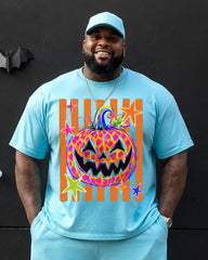 Big & Tall Men's Vertical Strip Colorful Stars Pumpkin Halloween Printed Crewneck Short Sleeve T-Shirt Shorts Set