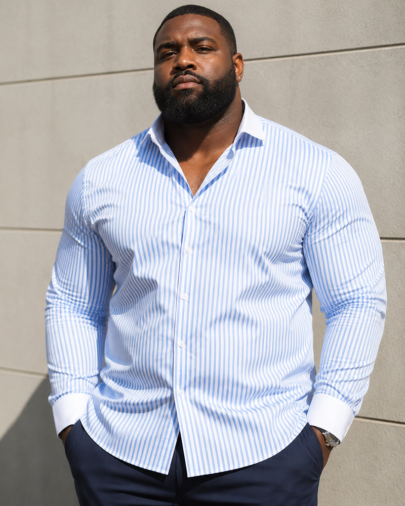 S-3XL Men's Business Stripe Windsor Collar Stretch Long Sleeve Shirt-Free Ironing