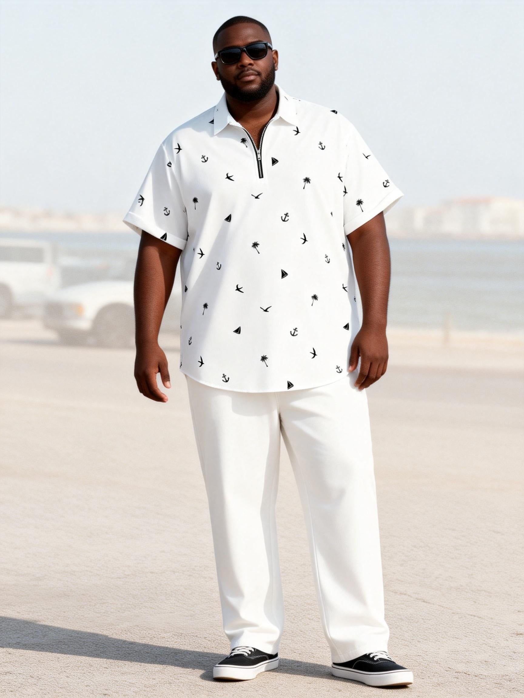 Big & Tall Men's Nautical Elements Print Zipper Polo Short Sleeve Pants Set
