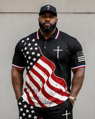 Big & Tall Men's American Flag Cross Print POLO Short Sleeve Shorts Set