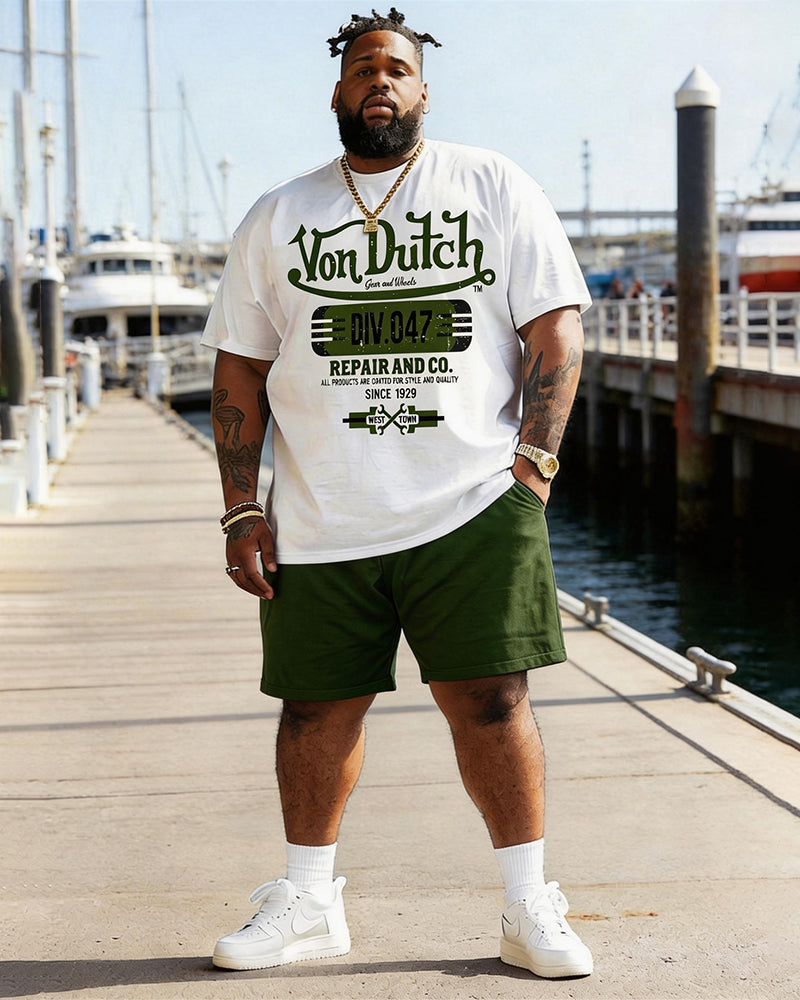 Big & Tall Men's American Vintage Von Dutch Printed Round Neck Short Sleeve T-Shirt Shorts Set