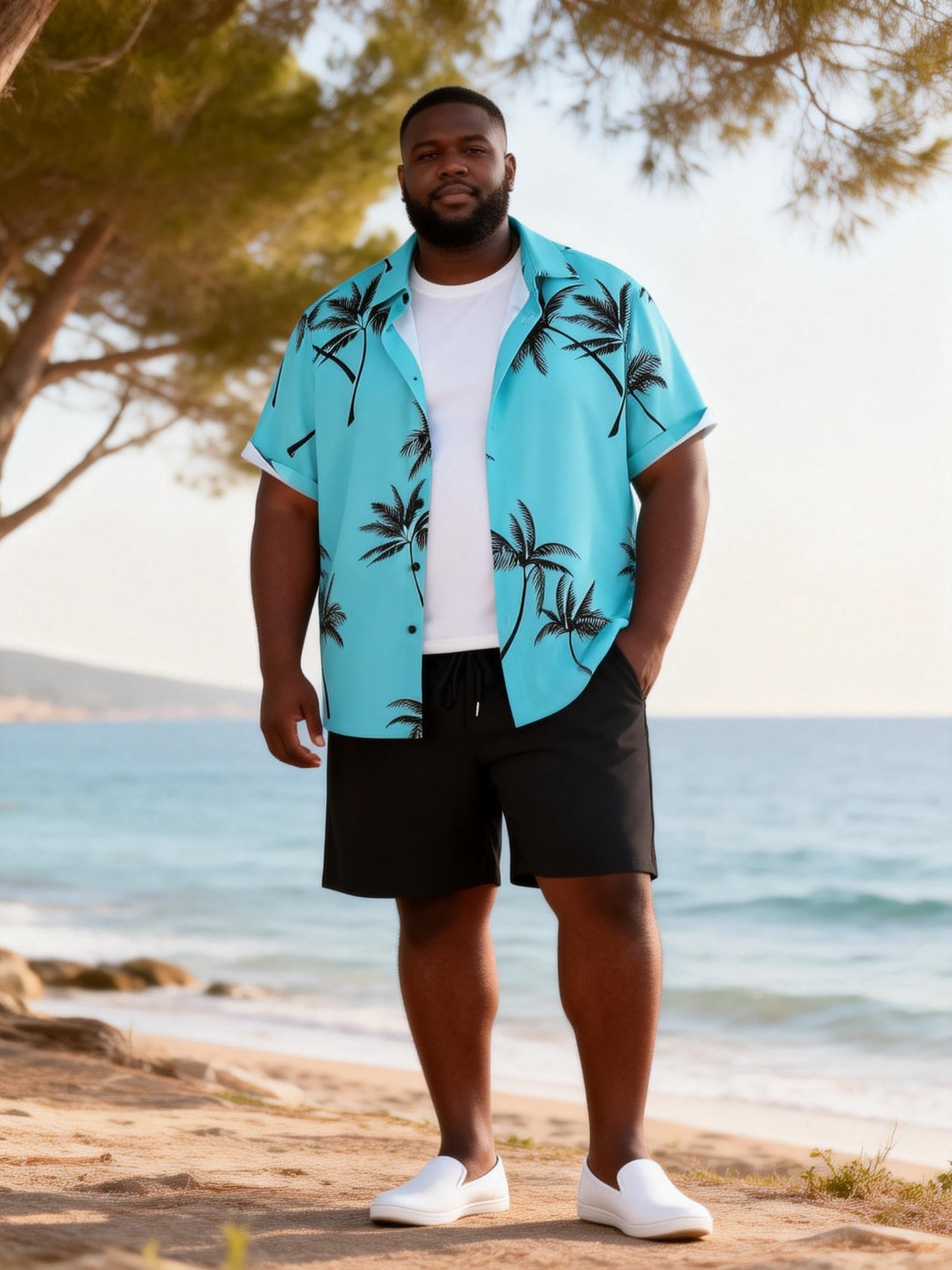 Big & Tall Men's Lake Blue Coconut Print Short Sleeve Shirt Shorts Set