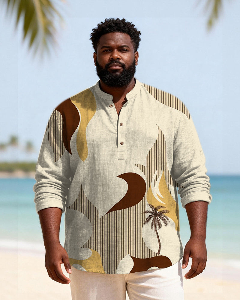 Big & Tall Men's Palm Tree Stripe Contrast Printed Henry Collar Long Sleeve Shirt