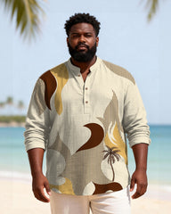 Big & Tall Men's Palm Tree Stripe Contrast Printed Henry Collar Long Sleeve Shirt