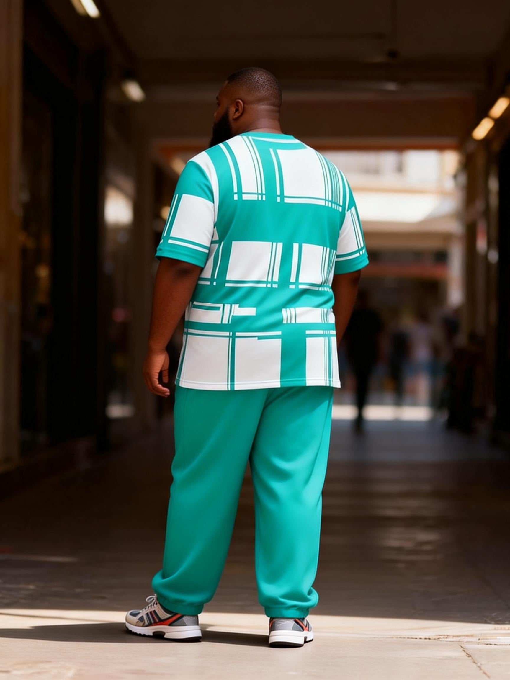 Big & Tall Men's Blue And White Plaid T-Shirt Pants Set