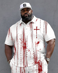 Big & Tall Men's Splash Ink Vertical Stripe FAITH Cross Print POLO Short Sleeve Shorts Set