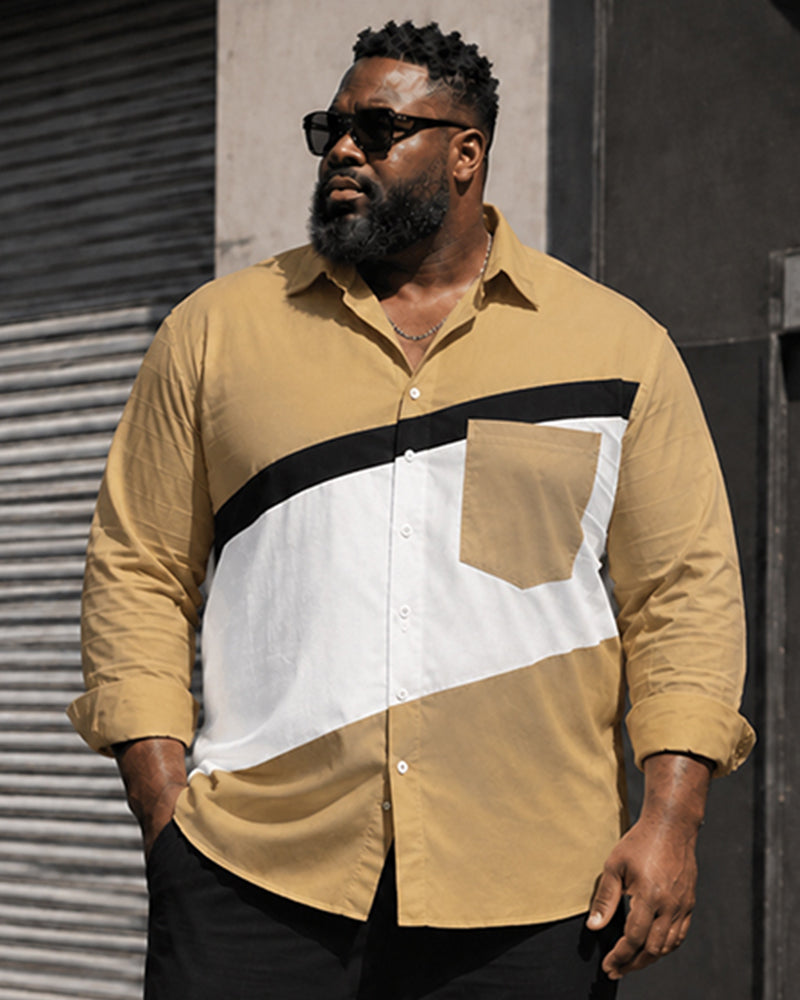 Big & Tall Men's Khakis White And Black Stitching Pocket Long Sleeve Shirt Trousers Set