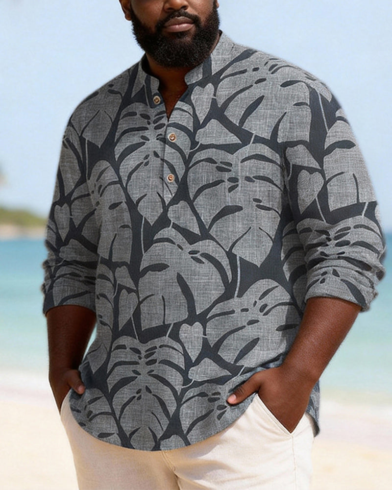 Big & Tall Men's Dark Grey Blue Leaf Textured Print Henry Collar Long Sleeve Shirt