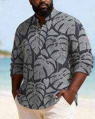 Big & Tall Men's Dark Grey Blue Leaf Textured Print Henry Collar Long Sleeve Shirt