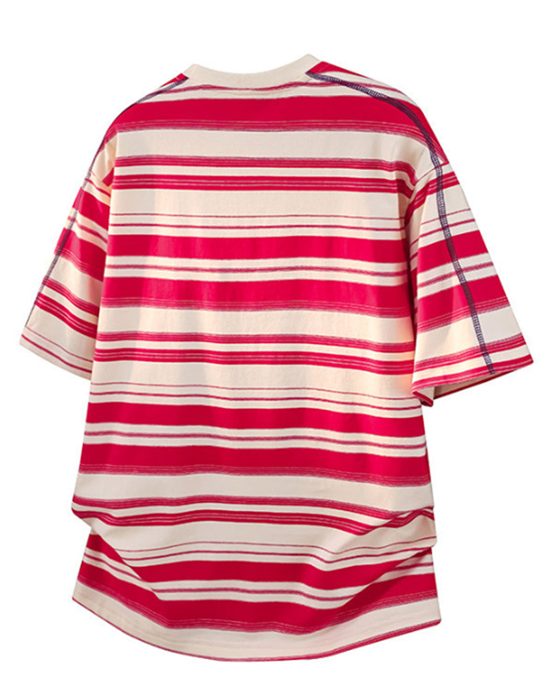 M-5XL Striped Loose Hasselblad Round Neck Short Sleeve