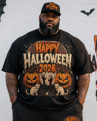 Big & Tall Men's 20.26 Million Halloween Pumpkin Black Cat Spider Splash Ink Printed Round Neck Short Sleeve T-Shirt Shorts Set