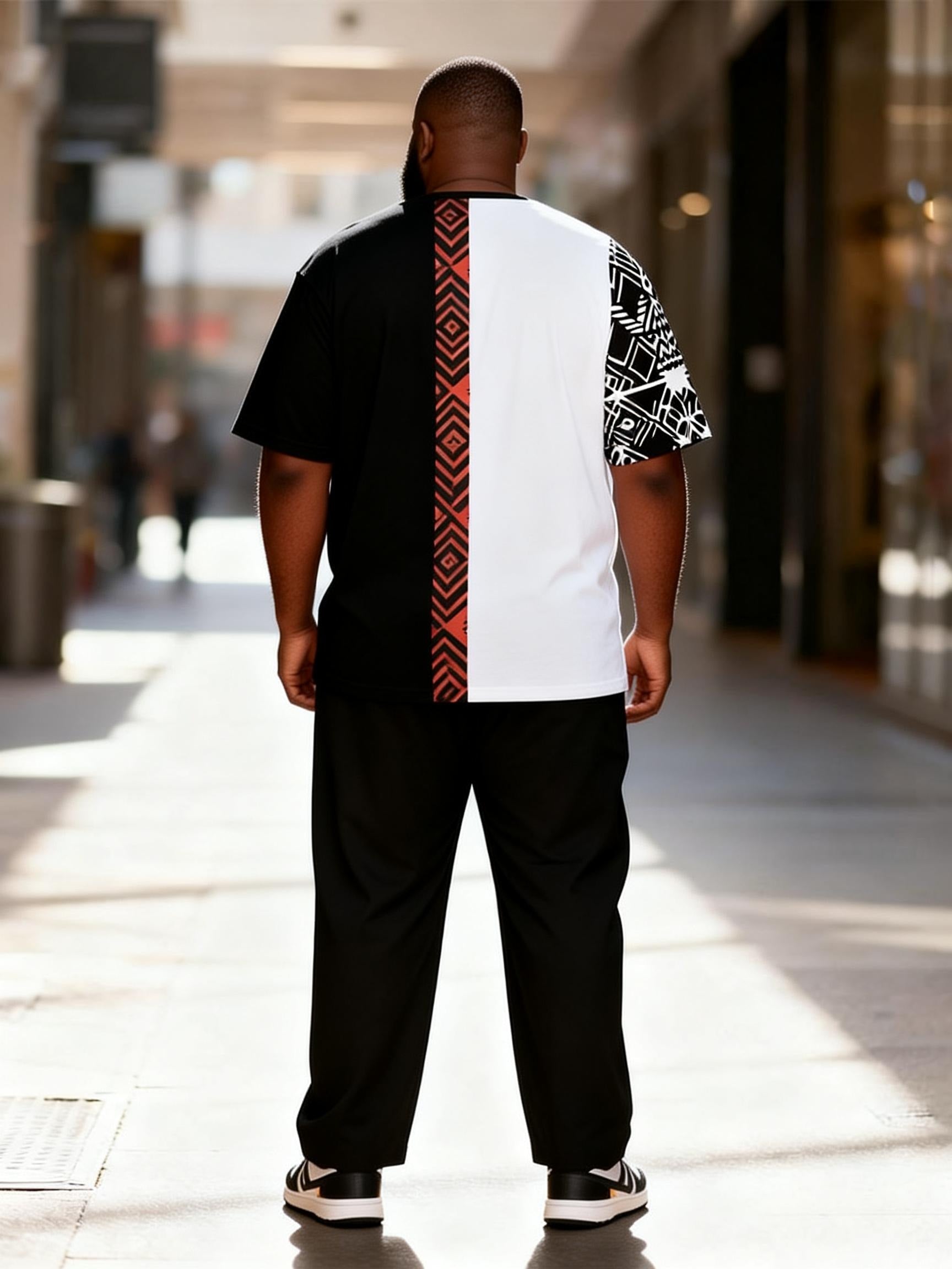 Big & Tall Men's Black And White Red Geometric Stitching Printed T-shirt Trousers Set