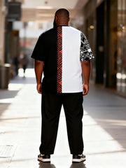 Big & Tall Men's Black And White Red Geometric Stitching Printed T-shirt Trousers Set